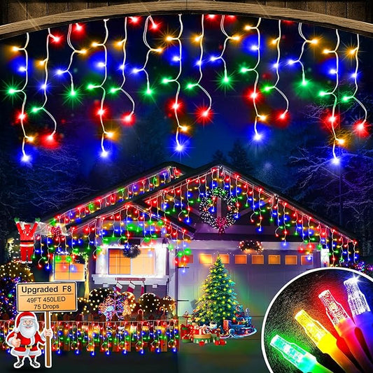 49FT 450LED F8 Upgraded Christmas Lights Decorations - 8 Modes Waterproof Outdoor Fairy String Lights With Memory and Timer - Plug-in for Holiday, Party, Wedding, Home, Roof
