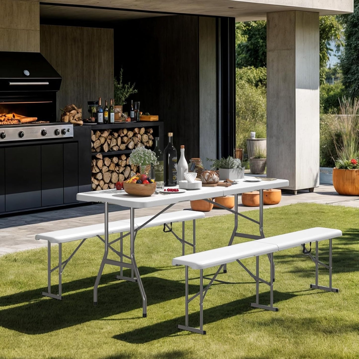 6ft Folding Table, Outdoor Foldable Table with HDPE Tabletop, Safety Locks, Easy to Carry and Store, No-Assembly Camping Table for Dining, Picnic, White