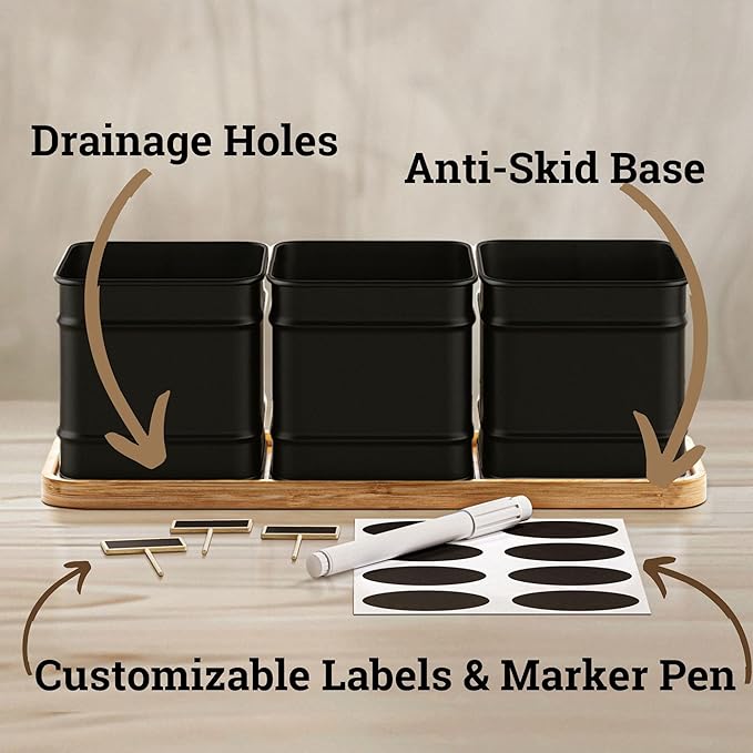 Herb Planter Indoor - 3 Iron Herb Pots with Drainage Holes, Varnished Bamboo Tray, Customizable Labels & Marker Pen - Indoor Herb Garden Planter - 3 Pots for Herbs - Inside Spice Garden - Basil Pot