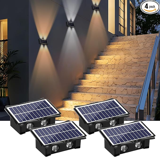 4LED Solar Wall Lights, Up and Down Lighting Solar Light Outdoor Waterproof IP65, 6500K/3000K Solar Fence Light for Yard Garden Garage Christmas Decorations (4 Pack)