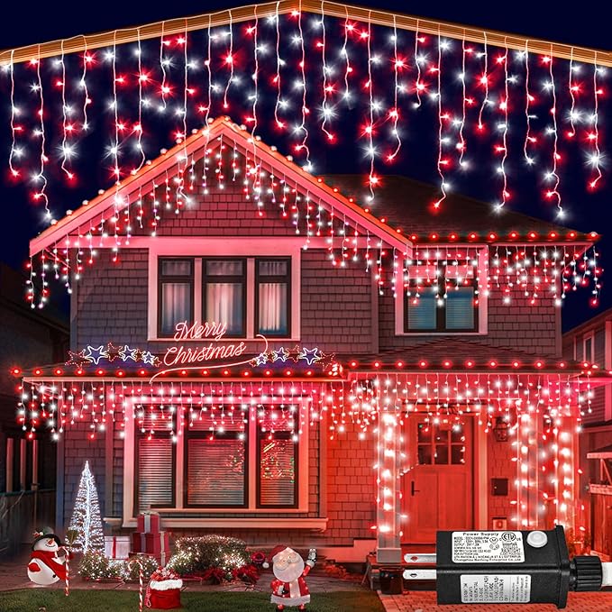 66ft Icicle Lights for Outside, Red and White Christmas Lights Outdoor Indoor, 640 LED Twinkle String Light with 120 Drops Short Curtain Light for Thanksgiving Room Home Wall Bedroom Window Decoration