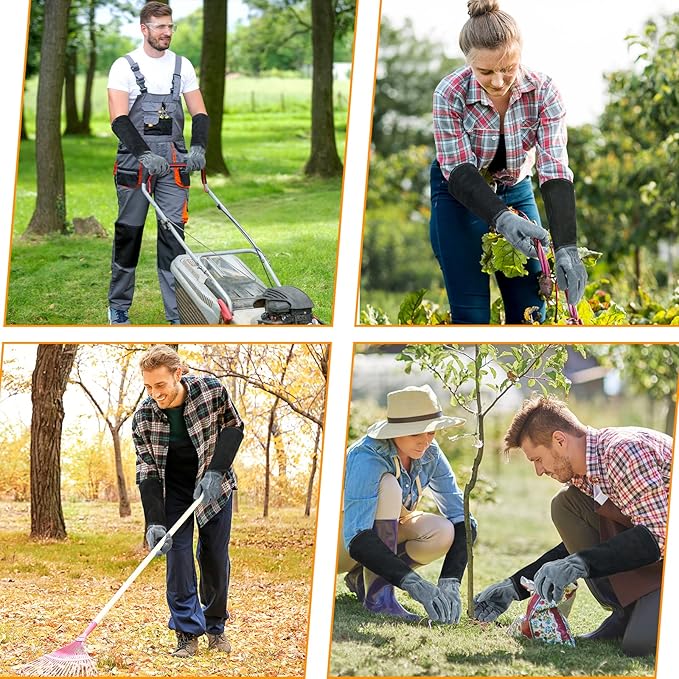 HANDLANDY Long Gardening Gloves for Men & Women, Cowhide Leather Rose Pruning Gloves, Breathable Thorn Proof Gauntlet Glove (Dark Grey-Black, M)