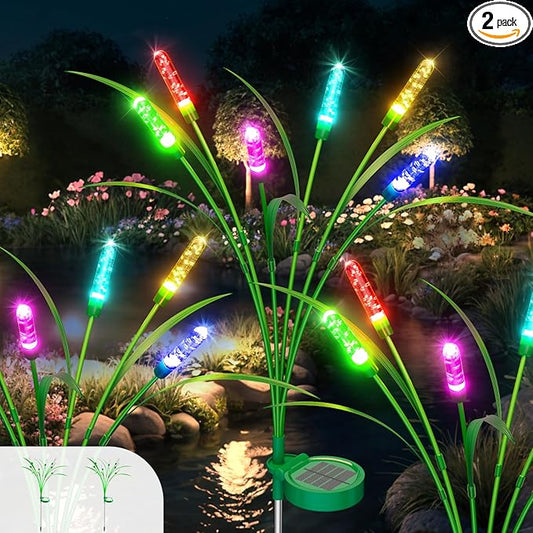 2 Packs Reeds Solar Garden Light With Multiple Color Gradients, 30 Inch, 12 Bulbs, Intelligent Control System, IP65 Waterproof, Outdoor Solar for Decorating Pathway