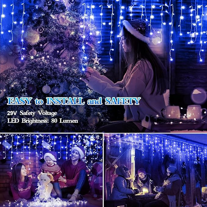 480 LED 49FT Christmas Lights Plug in 8 Modes with Timer Dimmable Christmas Decorations Outdoor Waterproof Indoor Curtain String Lights for Roof Porch Garden Holiday Wedding Party Decor Blue