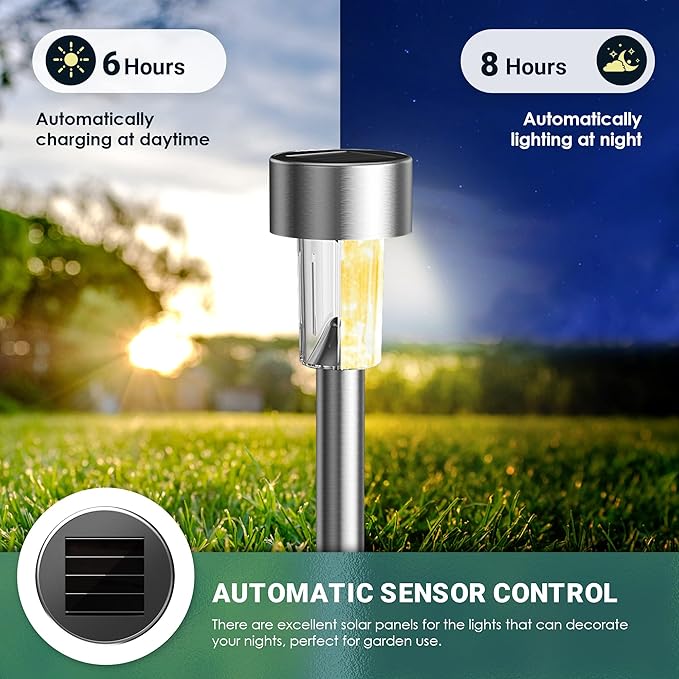 GIGALUMI Solar Lights Outdoor Waterproof, 20 Pack, Stainless Steel LED Solar Garden Lights for Patio, Lawn, Yard and Landscape, Garden Decor Patio Decor,Warm White