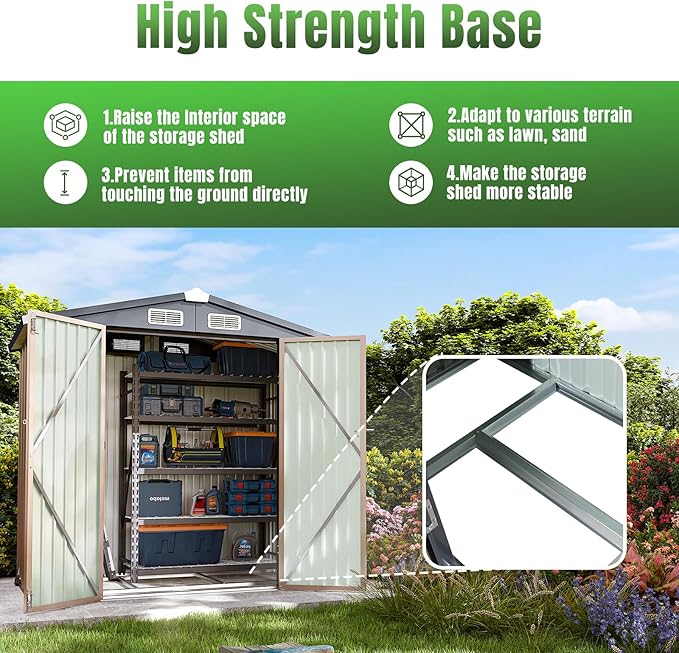 Aoxun 6'x4' Outdoor Storage Shed with Base Galvanized Steel Metal Garden Shed for Patio, Lawn & Garden(Brown, 6' x 4'W/Base)