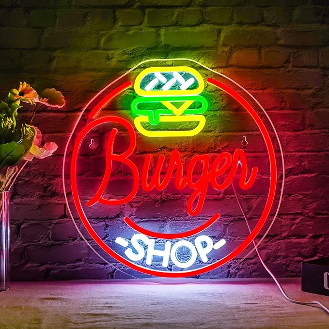 Hamburger Shop Neon Sign Hamburger Neon Signs for Wall Decor Dimmable Hamburger Neon Lights LED Light Up Sign for Hamburger Shop,Bar,Restaurant,Food Shop,Pub Decoration