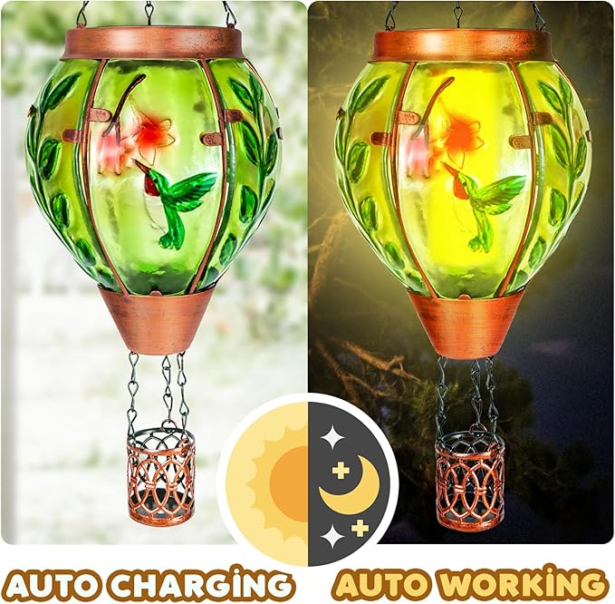 2 Pack Solar Hot Air Balloon Lantern with Flame，Hummingbird Outdoor Solar Lanterns for Outside Garden Yard Farmhouse Patio Pathway Decoration, Hummingbird Gifts for Women Grandma Mom - Hummingbird
