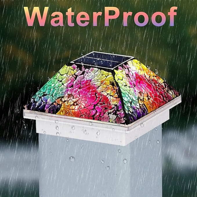 2PK Mosaic Solar Post Cap Lights Outdoor for 4x4, 3.5x3.5 Post Crackled Glass Deck Fence Lamp Weatherproof LED Light Decor in Garden, Yard, Outdoor Table, Balcony, Landscape- Multi-Colored