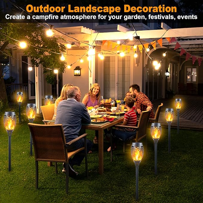 12-Pack Solar Torch Lights with Flickering Flame - 12LED Mini Fire Effect Solar-Powered Tiki Torches, Waterproof Outdoor Lighting with Auto On/Off, Perfect for Garden, Patio & Pathway Decor