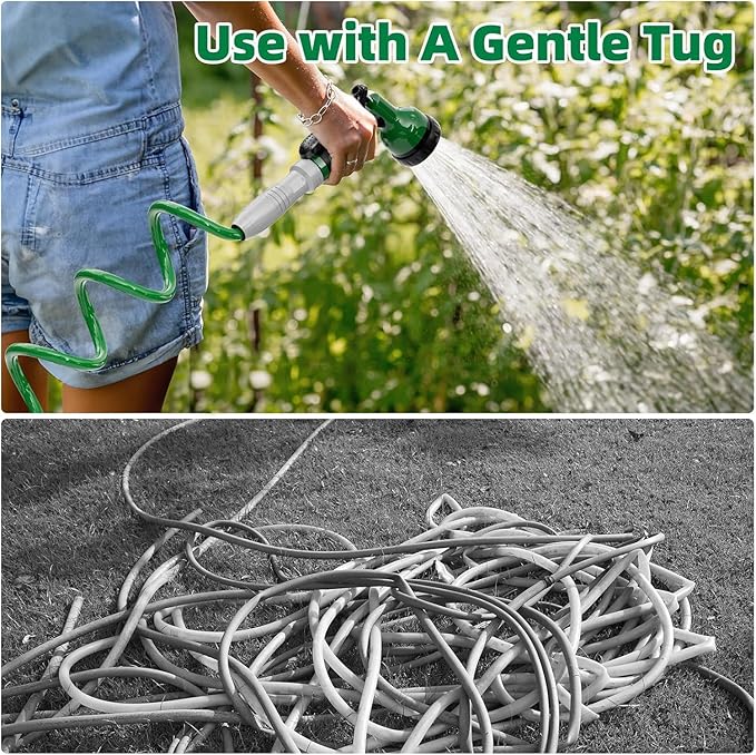 3/8" Lightweight Coil Garden Hose 100FT, EVA Flexible Curly Water Pipes with 6-Pattern Spray Nozzle for Boat, Greenhouse, Yard, Patio, Green