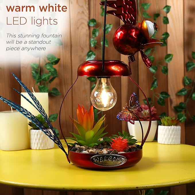 Alpine Corporation LYT286SLR-HH Solar-Powered Metal Rooster w/Garden Enclosed LED Light Decor, Solar Patio Decor, 16''H, Red