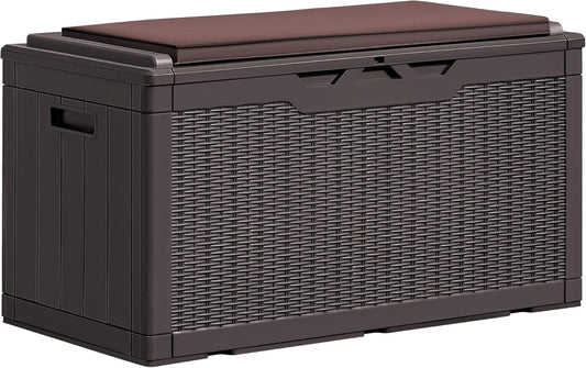 Greesum 100 Gallon Resin Deck Box Large Outdoor Storage Boxes with Cushions for Garden Tools, Patio Furniture Pillows, Pool Supplies, Dark Brown