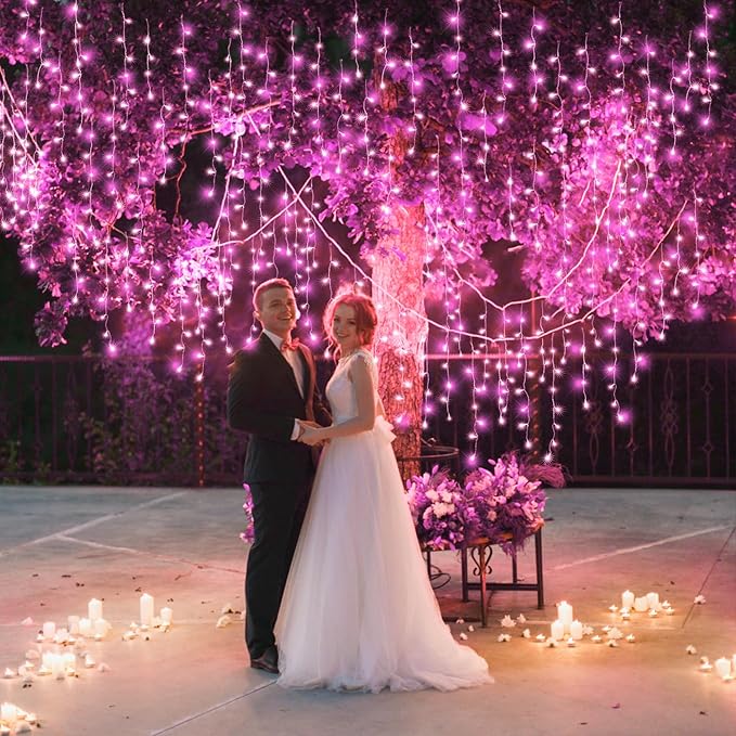 33ft Icicle Lights for Outside, Pink Christmas Lights Outdoor Waterproof for House, 400 LED Twinkle Light with 75 Drops Clear Wire Short Curtain Lights for Room Home Wall Indoor Decorations