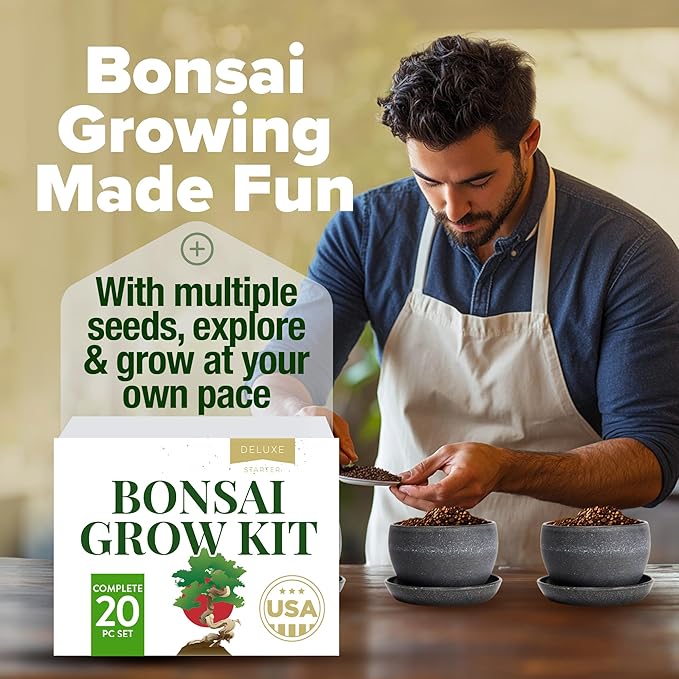 HOME GROWN Bonsai Tree Kit – Easy to Grow 4 Species of Bonsai w/Our Complete Plant Kit: Bonsai Pots & Peat Pellets Including a Bonus in-Depth Grow Guide - Great Gardening Gifts for Women and Men