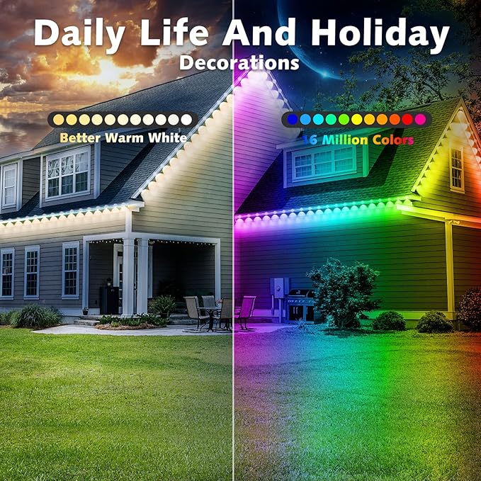 150FT Permanent Outdoor RGB Lights,Waterproof Smart LED Eaves Lights with App/Remote Control,for Christmas and All Holiday Decor,Daily and Accent Lighting,House Roof and Garden Lighting
