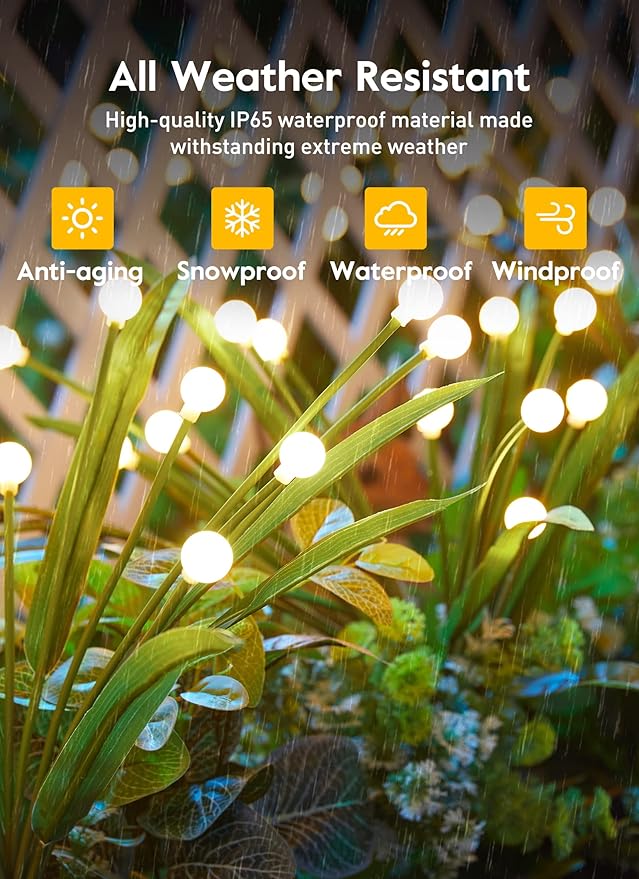 4 Pack 48 LED Solar Firefly Lights with Leaves, Solar Garden Lights Outdoor Decoration with 2 Lighting Modes, Waterproof Solar Outdoor Lights Decorative, Solar Lights for Outside Pathway, Warm White