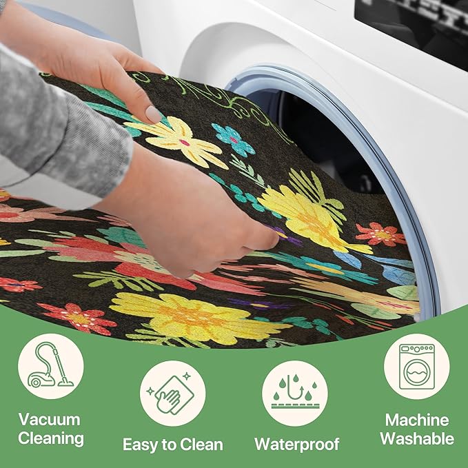 GENIMO Indoor Outdoor Area Rug 5' X 7' Waterproof, Washable Patio Rug Non Shedding, Easy Cleaning Floral Outdoor Carpet for Living Room, Bedroom, Dining Room, Balcony, Backyard, Deck, RV, Black