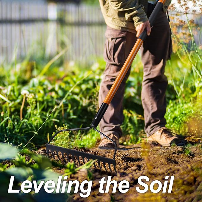 Garden Rake for Gardening, Heavy Duty Garden Rake for Lawns, 14 Tines Bow Rake with Fiberglass Handle, 58 Inches