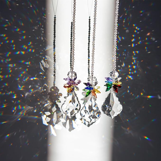 H&D HYALINE & DORA Glass Crystal Rainbow Angel Ornament Chakra Hanging Suncatcher Window Sun Catcher with Baroque Maple Leaf Pendant for Gift, Pack of 3