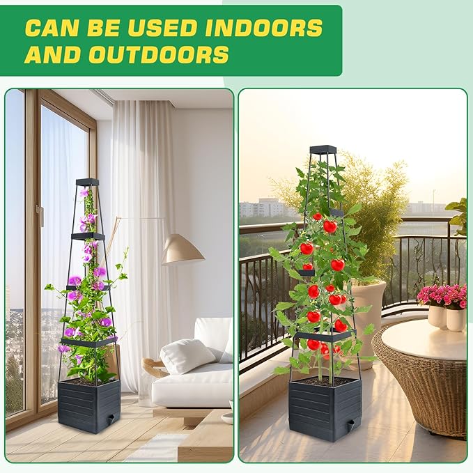 1Pack Raised Garden Bed Planter Box with Trellis, 57" Self-Watering Tomato Cage Planters for Climbing Plants Vegetable Vine Flowers Outdoor & Indoor (57x9.8x9.8IN)