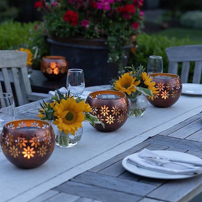 5.4” 2-Pack Decorative Metal Solar Patio Light with Flickering Flame, Waterproof Dusk-to-Dawn Garden Lantern, Bronze/Copper