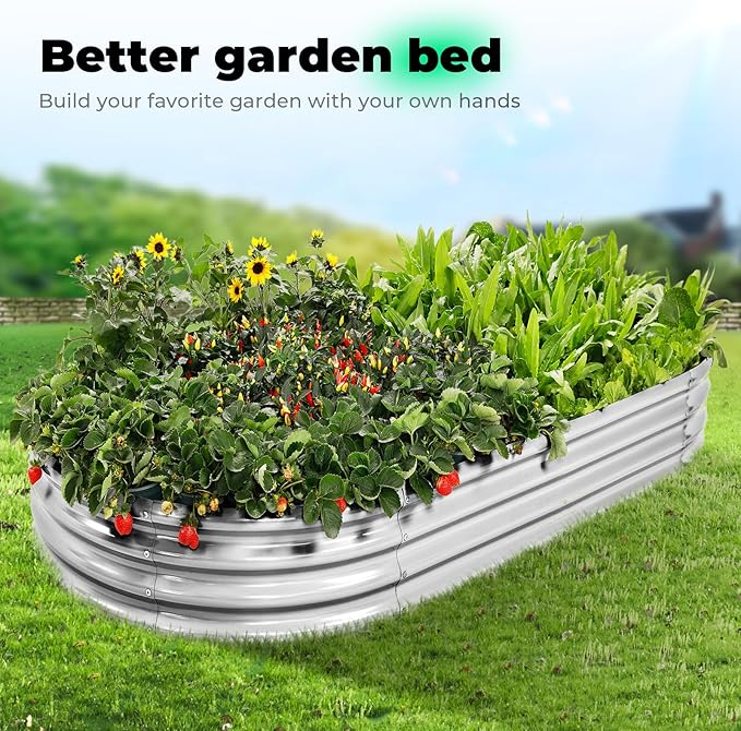 Galvanized Raised Garden Bed Kit, Oval Large Metal Planter Box, Sturdy and Durable, Garden Boxes Outdoor Raised for Vegetables, Fruits, Flowers and Herbs, 4x2x1ft (Silver)