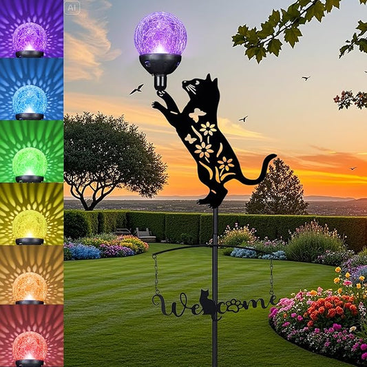 40’’ Metal Black Cat Silhouette Solar Garden Statue Outdoor with Color Changing Crackle Glass Ball Light Decorative Welcome Home Yard Sign Stakes