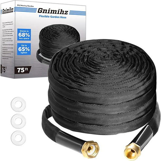 Garden Hose 75ft, Made of TPE(Not PVC), Ultra-Light & Flexible Water Hose with Solid Brass Fittings, Non-Shrinking, Easy to Storage, Drinking Water Safe Material, All-weather, Black, Newbox