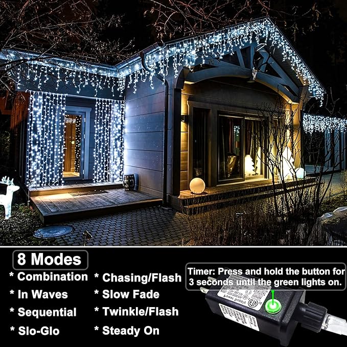 Icicle lights Outdoor - 33ft Christmas Lights with 400LED 75 Drops 8 Modes, Plug in Curtain String Lights Waterproof for Holiday Wedding Party Home Garden Bedroom Indoor Outdoor Decoration, Cool White