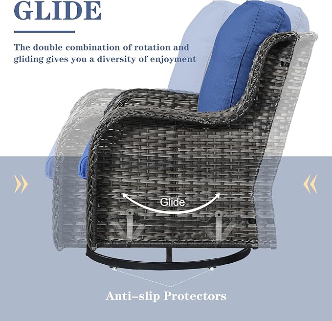 5 Pieces Patio Wicker Furniture Set - 4 Outdoor Swivel Rocker Glider Chairs with Propane Fire Pit Table, Patio Conversation Set Blue Cushion Perfect for Casual Gathering