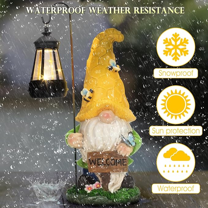 12.6'' Solar Large Garden Gnomes Outdoor Statues with Lantern, Welcome Gnome Garden Outdoor Decor Gift Waterproof Decoration for Patio, Balcony, Yard Ornament - Unique Housewarming Gifts