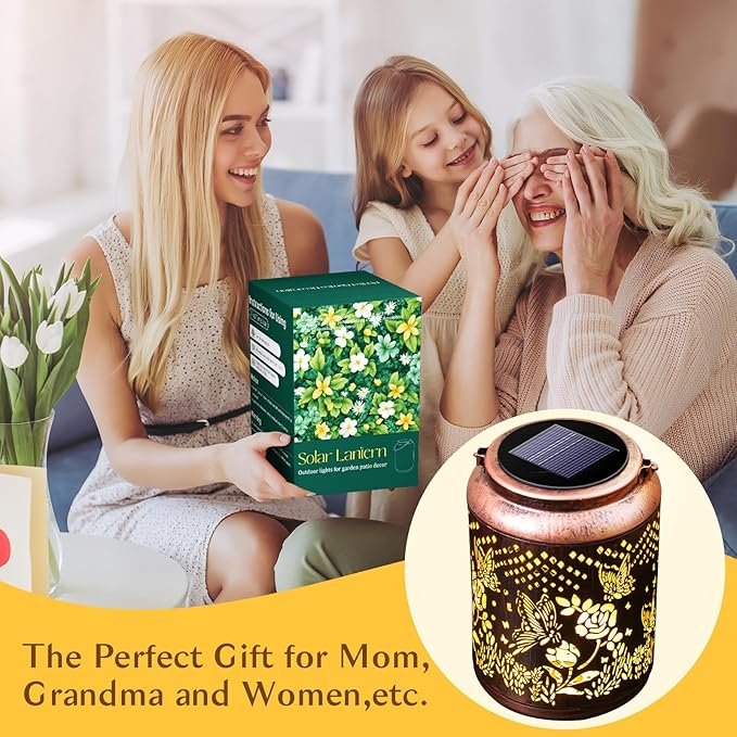 Hyriony Butterfly Solar Lanterns Outdoor Waterproof Metal Hanging Lights, Garden Decor Gifts for Women, Mom, Grandma Solar Decorations for Yard, Patio, Backyard, Porch, Lawn, Walkway, Tabletop