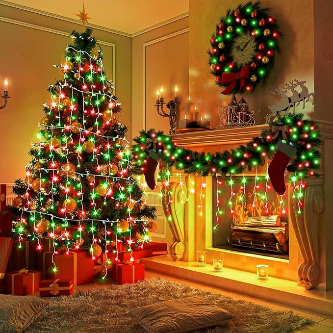 33ft Icicle Lights for Outside, Red and Green Christmas Lights Outdoor Indoor, 400 LED Twinkle String Lights with 75 Drops, Clear Wire Short Curtain Lights for Thanksgiving Room Home Wall Bedroom