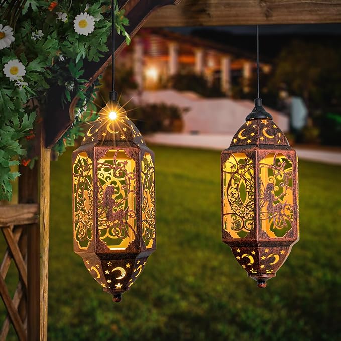 Go2garden 12.4" Outdoor Solar Lanterns Waterproof Garden Gifts Women, Moon Fairy Statue Solar Haning Lights for Patio, Yard Decorations, Mothers Day Gifts for Mom, Grandma(2Pack, Red Copper)
