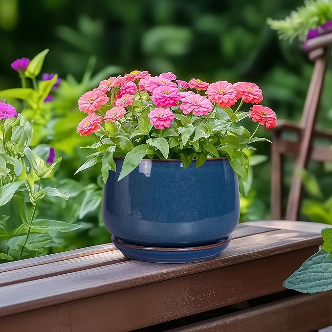 G EPGardening Ceramic Planter 6 Inch - Round Modern Ceramic Pot for Plants with Drainage and Plant Tray Indoor for Flower, Apartment Decor, Housewarming Gifts New Home, Retro Blue