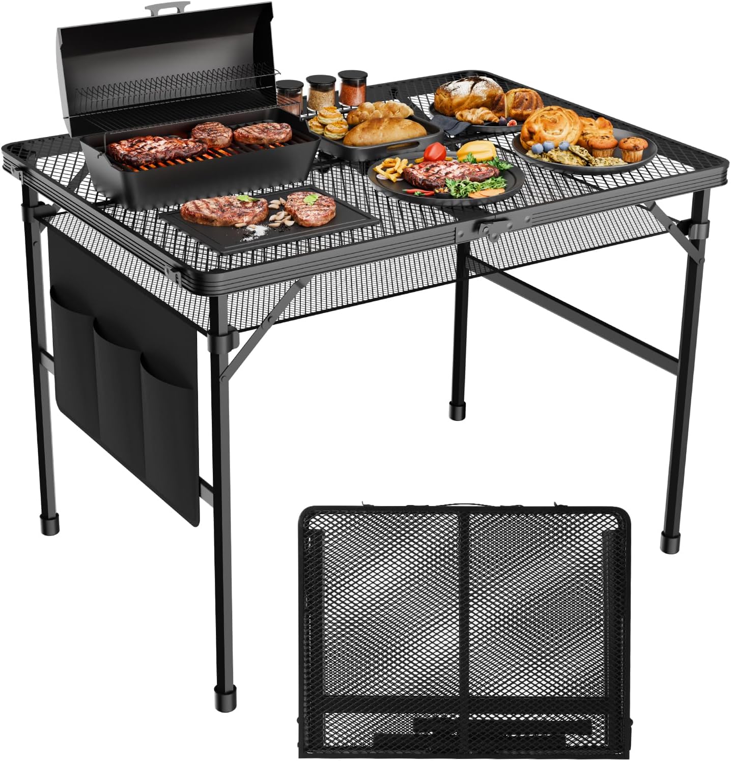 3x2 FT Folding Grill Table, Portable Camping Table for Outside, Adjustable Height Folding Table with Desktop & Mesh Bag, Lightweight Outdoor Table for Camping, Picnic, BBQ