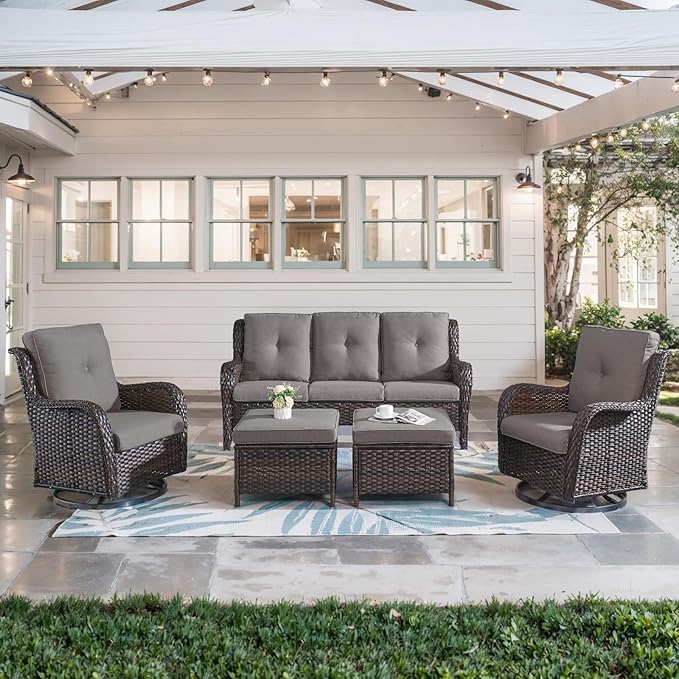 5 Piece Outdoor Patio Furniture Set - Wicker Furniture Patio Conversation Set, Outdoor Swivel Rocker Chairs with 3-Seater Sofa and 2 Ottomans for Small Space, Gray Cushion