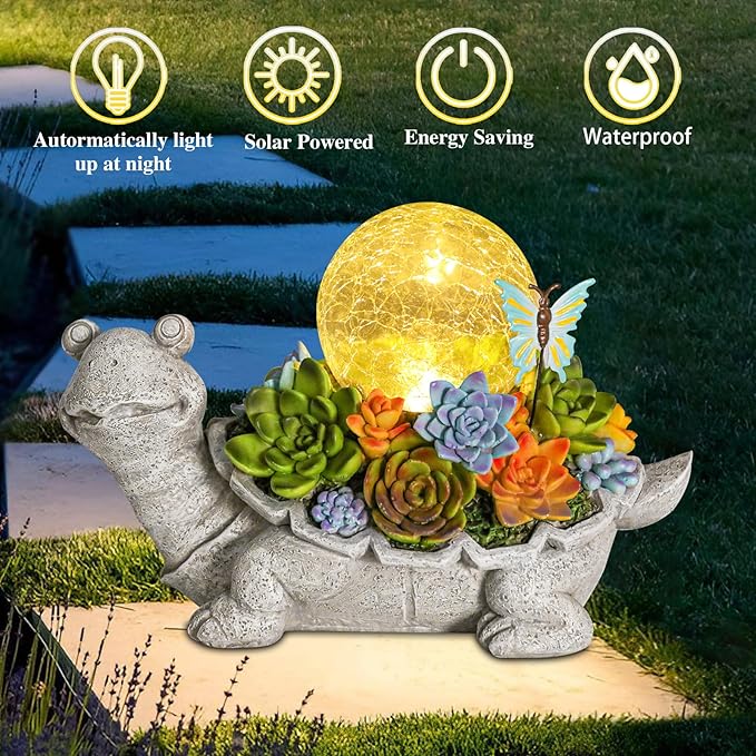 Afirst Solar Garden Turtle Statues with Succulent Outdoor Resin Figurine Solar Lights Decorations,Tortoise Statue for Lawn, Patio, Balcony, Yard Ornament