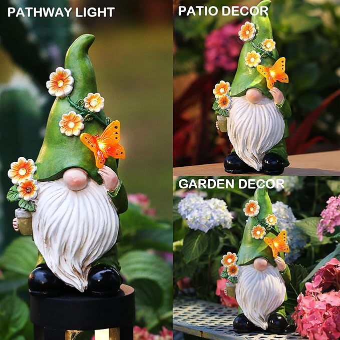 Garden Gnomes Statue Outdoor Decor,10.5" Resin Solar Garden Gnome Outdoor Statues, Funny Gnomes Gardening Gifts for Women,Bithday Gifts for Grandma