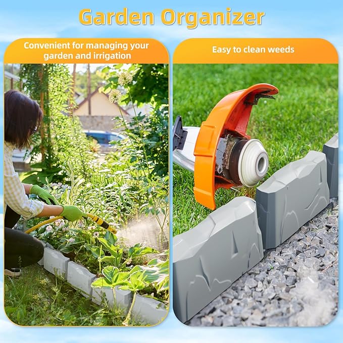 16 Pack(24FT) Landscape Edging w/ 48 Spikes | Flexible Plastic Border for Outdoor, Walkway, Lawn & Weed Control | 24" L x 3" H Faux Stone Edging for Landscaping,Garden Edging Border Stone(Gray) ﻿﻿