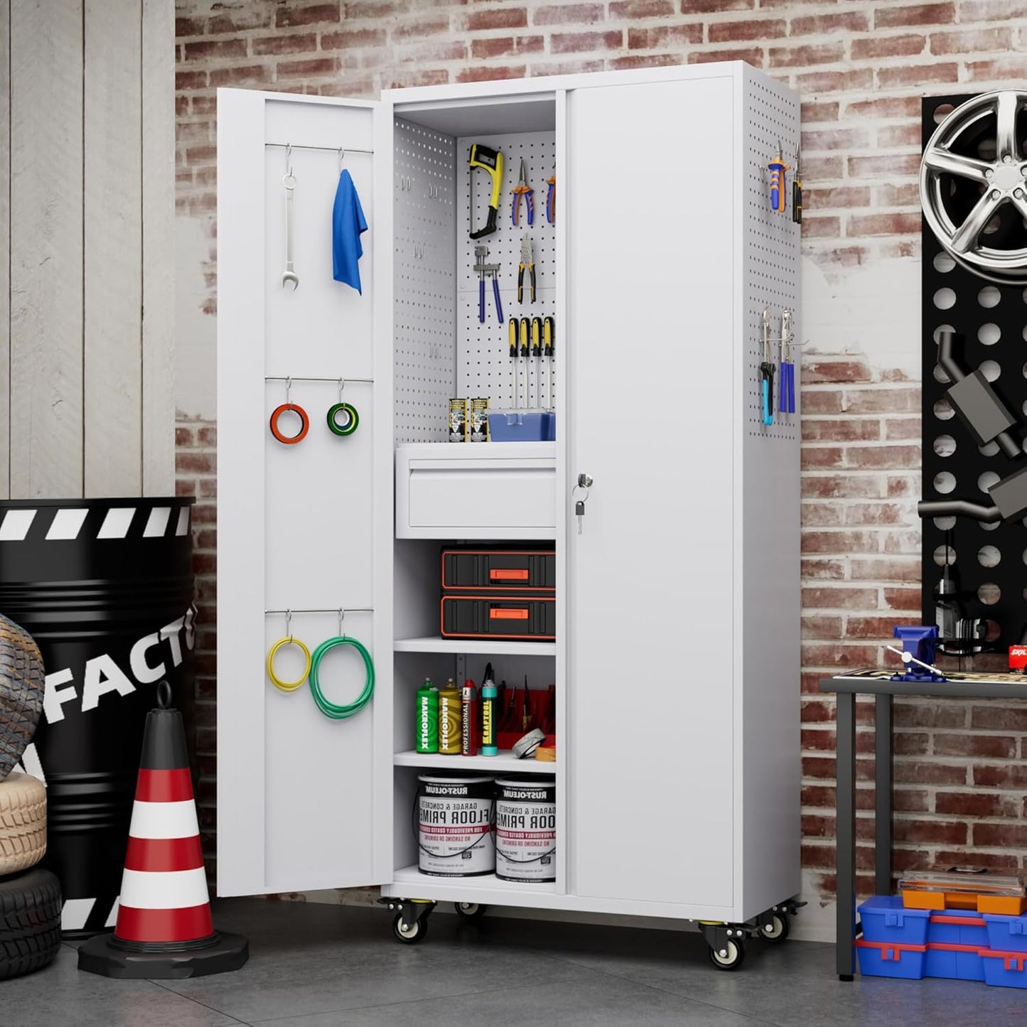 71" H Garage Storage Cabinet with Locking Doors and 2 Adjustable Shelves, Metal Tool Storage Cabinet with Wheels, Drawer, Pegboard and 16 Hooks for Garage, Warehouse, White