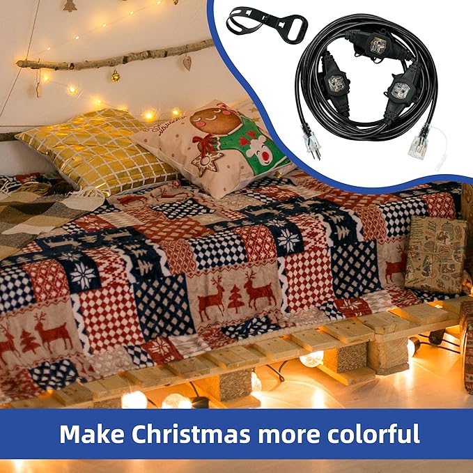 20FT 16 Gauge Multi-Outlet Extension Cord, 4 Evenly Spaced Weatherproof Outlets, Great for Stage Backdrops, Landscape Garden Lighting, Christmas Decorations ETL