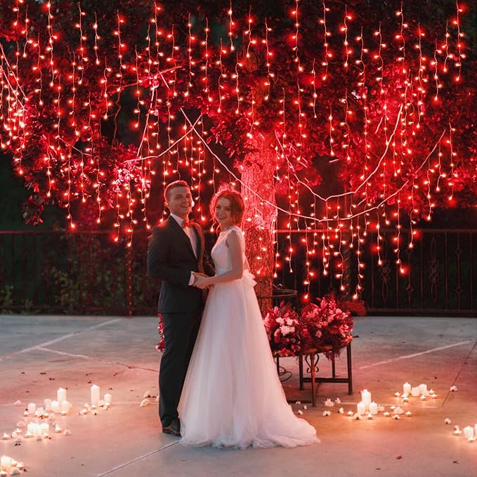 66ft Icicle Lights for Outside, Red Christmas Lights Outdoor Waterproof for House, 640 LED Twinkle Tree Lights with 120 Drops Clear Wire Short Curtain Lights for Room Home Wall Indoor Decorations