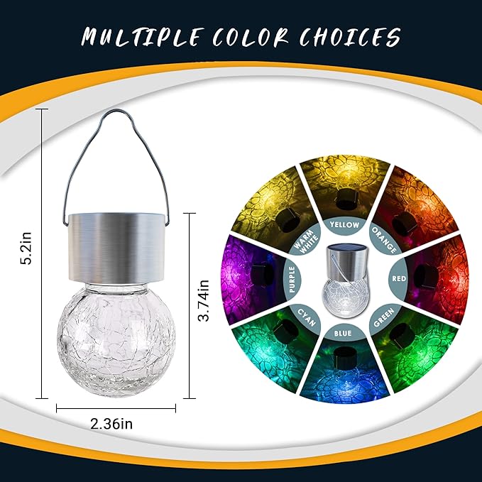 GIGALUMI 8 Pack Solar Hanging Lights, Christmas Decoration Lights with Multi-Color Changing Cracked Glass Hanging Ball Solar Outdoor Lights Waterproof Solar Lanterns for Garden, Yard, Patio, Lawn