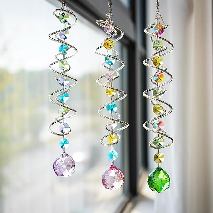 H&D HYALINE & DORA Set of 3 Crystal Sun Catcher for Window Hanging Double-Spiral Gazing Ball Spiral Tail Rainbow Maker Wind Spinners Outdoor for Garden, Patio, Porch, Christmas