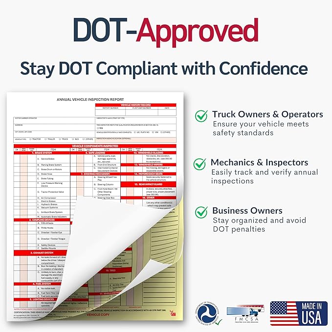 5 Pack 3-Ply Carbonless Annual Vehicle Inspection Report Forms with FMCSA Red Aluminum Adhesive Labels, DOT Inspection Forms and Stickers, Shrink-Wrapped, 8.5" x 11.75" - Made in USA