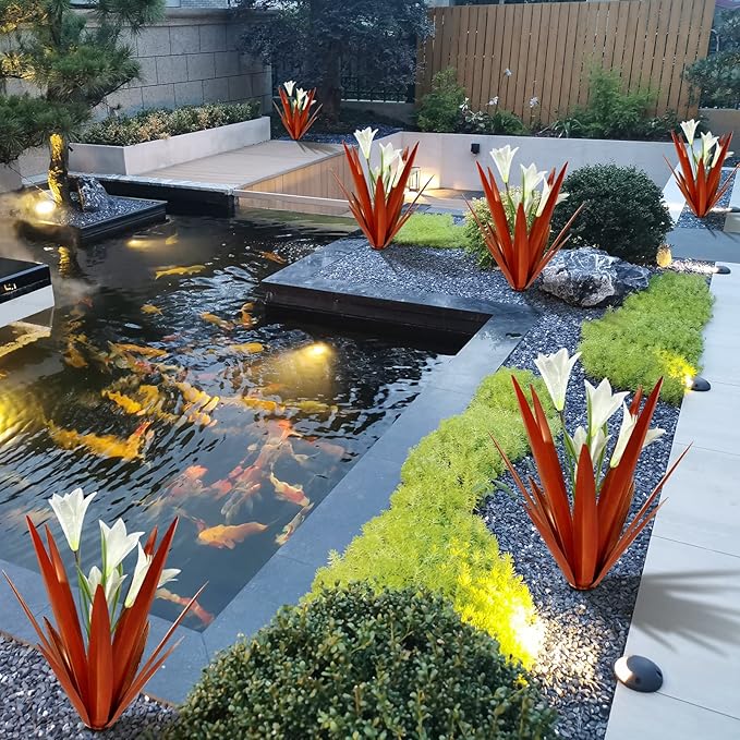 Homight Metal Agave Plant Outdoor Decoration Outdoor Garden Decoration Lily Mexican Yard Art Plant Garden Agave Lily Decorative Garden Gift… (3 Big White Lilies)