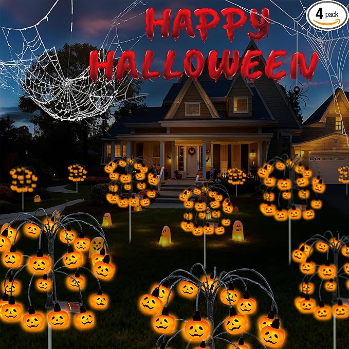 Halloween Decorations, 4 Pack 80LED Solar Halloween Pumpkin Lights Outdoor Waterproof Halloween Solar Garden Lights Swaying Firefly Lights for Yard Garden Patio Party Decor Orange