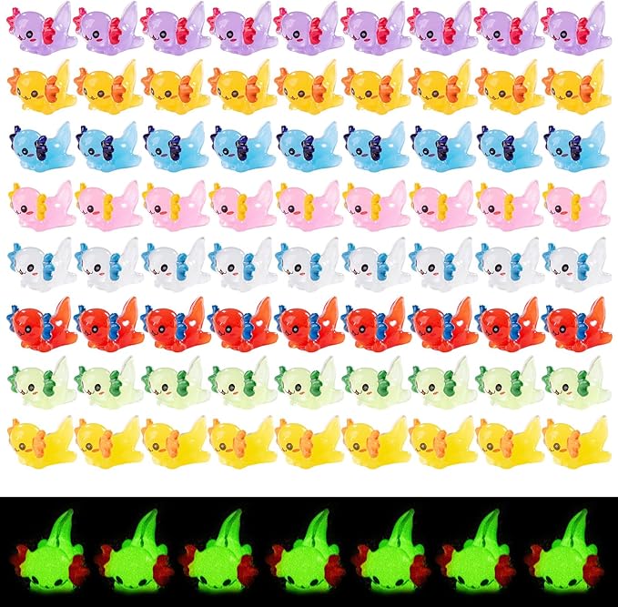 72 Pack Mini Animals Tiny Axolotl Figurines Glow in Night Bulk for Miniature Dollhouse Decor Accessories Garden Aquarium Potted Ornament Party DIY Charms Office Classroom Activity to Hide